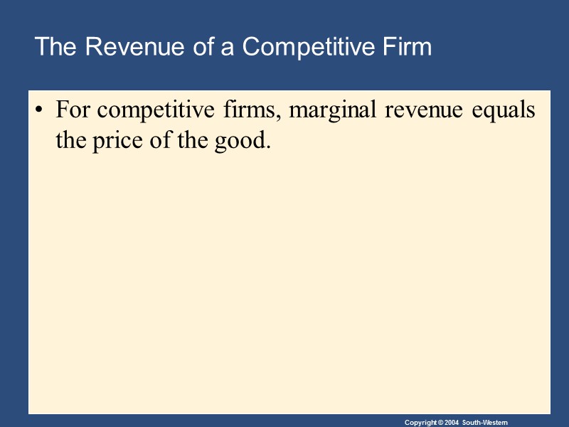 The Revenue of a Competitive Firm For competitive firms, marginal revenue equals the price